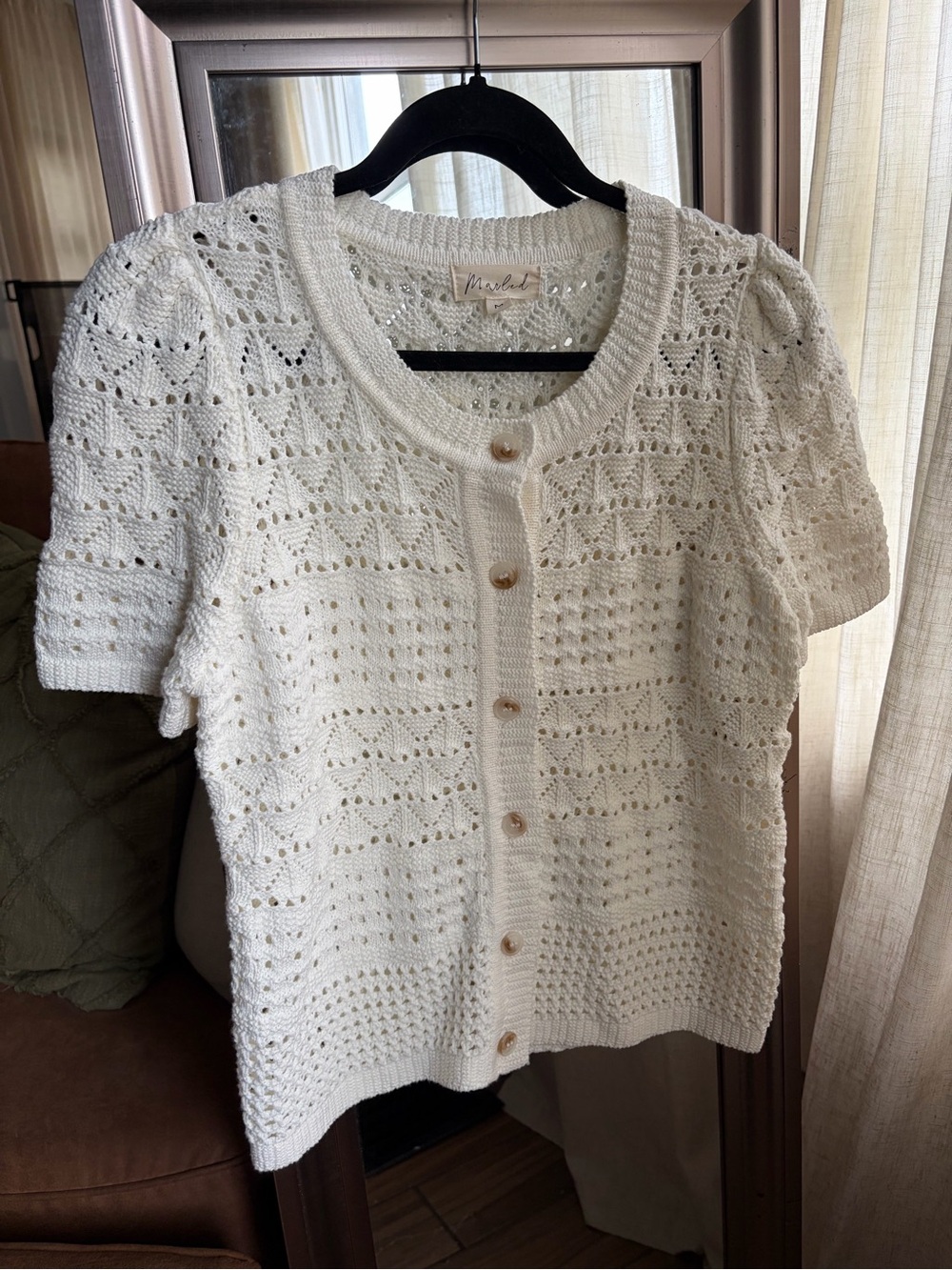 Marled White Crochet Knit Short Sleeve Button Front Cardigan M